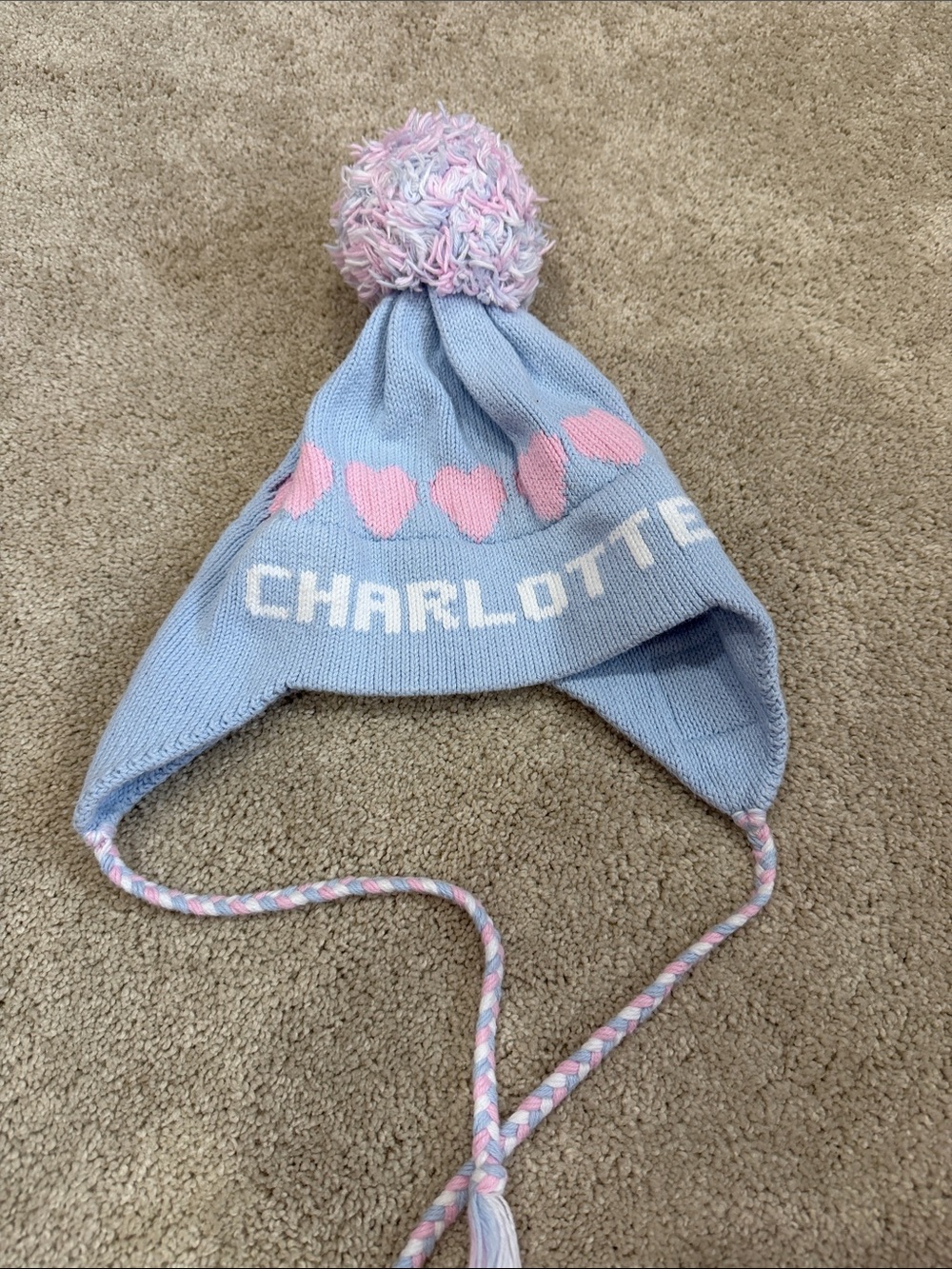 Personalized 'Charlotte' Light Blue Knit Pom Earflap Hat with Pink Hearts